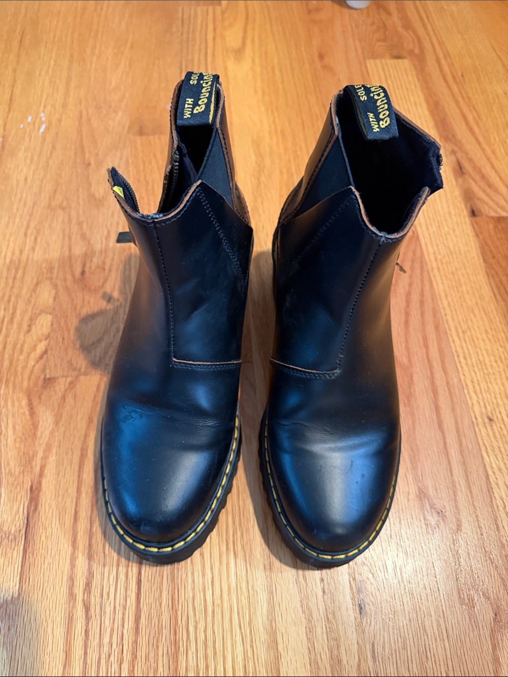 Dr. Martens Black Leather Platform Chelsea Boots with Yellow Stitching Women’s 8